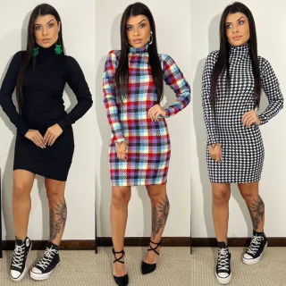 Vestido Curto Inverno Gola Alta Manga Longa Pied Poule Xadrez Colorido Preto Liso Canelado - Xadrez Bege