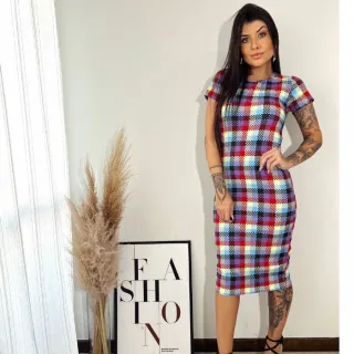 Moda Inverno Xadrez Colorido Vestido Midi Manga Curta - Xadrez Vermelho