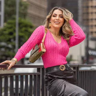 Suéter Feminino Tricot Decote V Trança Roupas Blusa - Marinho