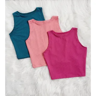 Malha Canelada Cropped Feminino - Kit 3 Regatas - Verde, rosa goiaba, pink