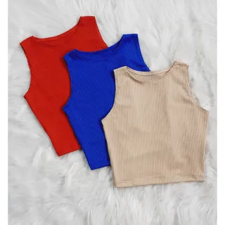 Malha Canelada Cropped Feminino - Kit 3 Regatas - Verde, rosa goiaba, pink