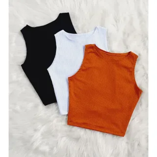 Malha Canelada Cropped Feminino - Kit 3 Regatas - Verde, rosa goiaba, pink