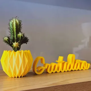 Palavra Gratidão e Kit Vaso Origami - Cobre