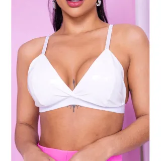 Tendência Top Cropped com Bojo em Couro Fake Brilhoso - Estilo Vinil - Branco