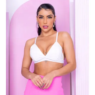 Tendência Top Cropped com Bojo em Couro Fake Brilhoso - Estilo Vinil - Branco