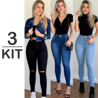 Calça Jeans Feminina Levanta Bumbum Cintura Alta - Kit com 3 unidades - Preta Rasgada, Padrão e Preta