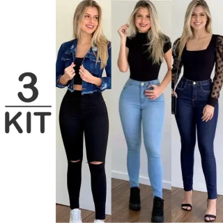 Calça Jeans Feminina Levanta Bumbum Cintura Alta - Kit com 3 unidades - Preta Rasgada, Padrão e Preta