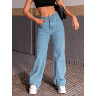 Moda feminina: Calça Pantalona Wide Leg Jeans - Tendência Gringa - Wide escuro destroyed no joelh