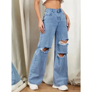 Moda feminina: Calça Pantalona Wide Leg Jeans - Tendência Gringa - Wide escuro destroyed no joelh
