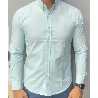 Polo Xadrez Slim Fit Manga Longa Azul Claro - Cinza