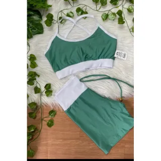 Short + Top para Academia - Conjunto perfeito para seus treinos - Rosa detalhes azul bebê