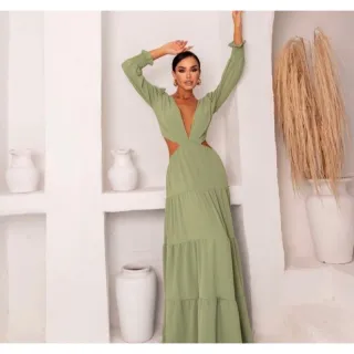 Lançamento Vestido Longo Feminino Manga Longa Decote Profundo Casamento - Roxo