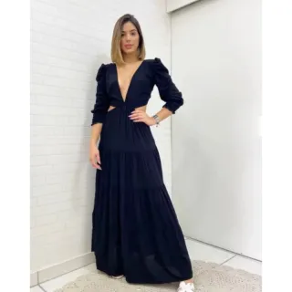 Lançamento Vestido Longo Feminino Manga Longa Decote Profundo Casamento - Roxo