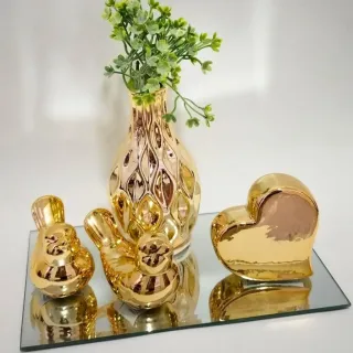 Kit decoração coração vaso planta casal de pássaros dourado prata - Dourado