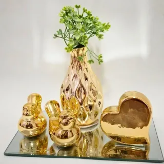 Kit decoração coração vaso planta casal de pássaros dourado prata