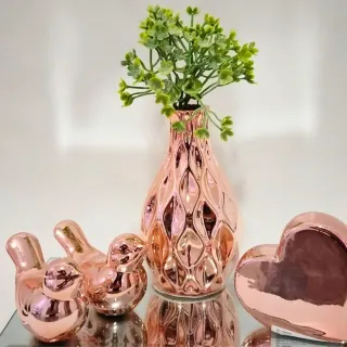 Kit decoração coração vaso planta casal de pássaros dourado prata - Dourado