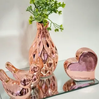 Kit decoração coração vaso planta casal de pássaros dourado prata - Dourado