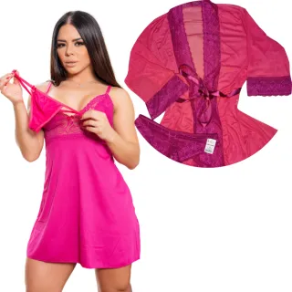 Camisola de renda luxo e robe: kit com calcinhas grátis - Branco