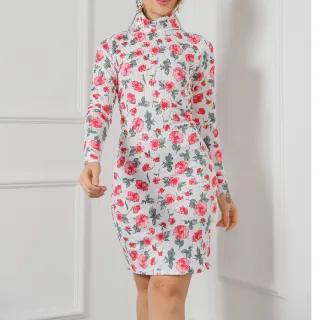 Vestido Curto Inverno Gola Alta Manga Longa Pied Poule Xadrez Colorido Preto Liso Canelado - Xadrez Bege