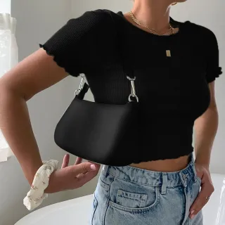 Blusa Feminina Cropped Canelado com Manga - Blogueirinha - Preto