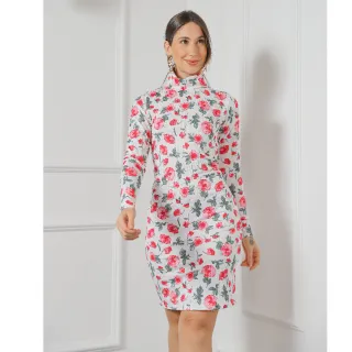 Vestido Curto Inverno Gola Alta Manga Longa Pied Poule Xadrez Colorido Preto Liso Canelado - Xadrez Bege