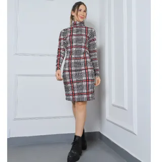 Vestido Curto Inverno Gola Alta Manga Longa Pied Poule Xadrez Colorido Preto Liso Canelado - Xadrez Bege