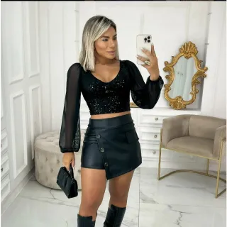 Moda Feminina Cropped Manga Longa Paetê Brilho Festa Balada - Preto