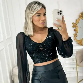 Moda Feminina Cropped Manga Longa Paetê Brilho Festa Balada - Preto