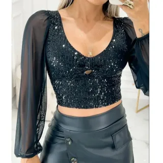 Moda Feminina Cropped Manga Longa Paetê Brilho Festa Balada - Preto