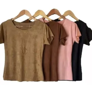 Lançamento Blusa Camiseta Feminina Manga Curta Suede Multiformas - Rose