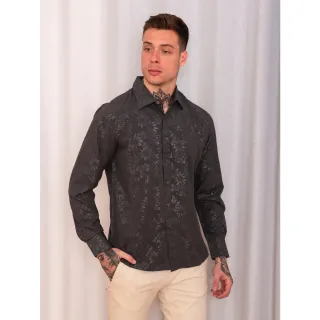 Slim Fit Camisa Social Masculina Abotoar Manga Longa Jacquard Floral - Cinza