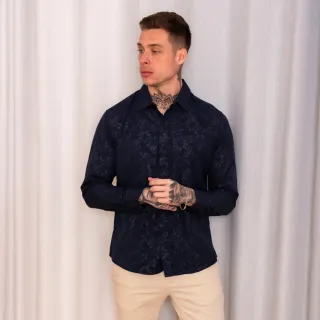 Slim Fit Camisa Social Masculina Abotoar Manga Longa Jacquard Floral - Cinza
