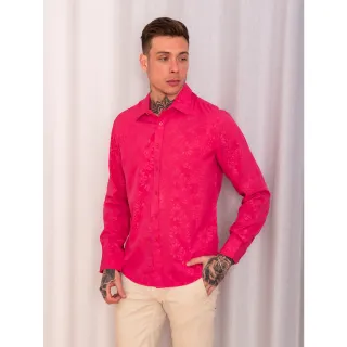 Slim Fit Camisa Social Masculina Abotoar Manga Longa Jacquard Floral - Cinza