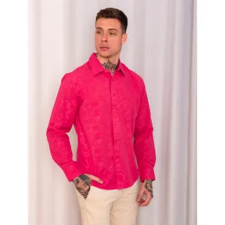 Slim Fit Camisa Social Masculina Abotoar Manga Longa Jacquard Floral - Cinza