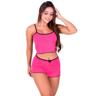 Cropped Thais Helanca Short e Camiseta Pijama Baby Doll Feminino - Preto