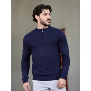 Inverno Masculino Manga Longa Suéter Meio Zíper Blusa - Azul Marinho