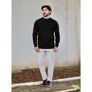 Inverno Masculino Manga Longa Suéter Meio Zíper Blusa - Azul Marinho