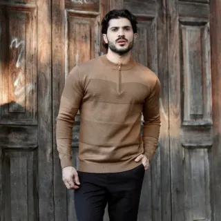 Inverno Masculino Manga Longa Suéter Meio Zíper Blusa - Azul Marinho