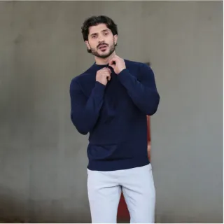 Inverno Masculino Manga Longa Suéter Meio Zíper Blusa - Azul Marinho