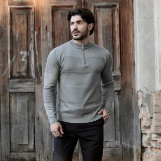 Inverno Masculino Manga Longa Suéter Meio Zíper Blusa - Azul Marinho
