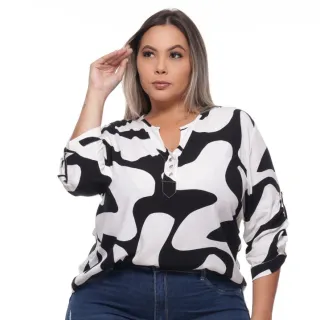 Camisa Social Feminina Estampada Plus Size Manga 3/4 - PRETO  COM BRANCO