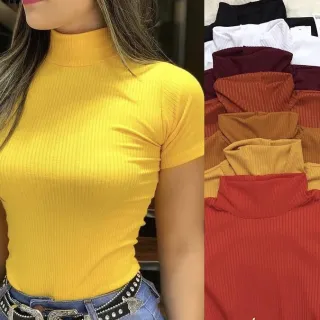 Blusinha Manga Curta Canelada Feminina - Gola Alta Blogueira - Pink