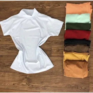 Blusinha Manga Curta Canelada Feminina - Gola Alta Blogueira - Pink