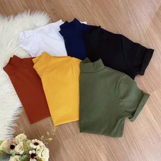 Blusinha Manga Curta Canelada Feminina - Gola Alta Blogueira - Pink