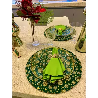 Decoração de Natal: Kit Mesa Posta com 18 Peças - Capas de Sousplat Estampado + Guardanapos + Argolas - Flores Vermelhas