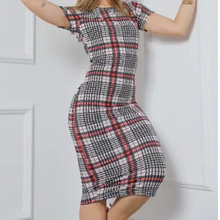 Moda Inverno Xadrez Colorido Vestido Midi Manga Curta - Xadrez Vermelho