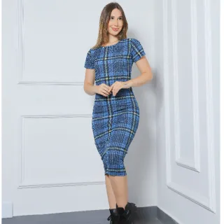 Moda Inverno Xadrez Colorido Vestido Midi Manga Curta - Xadrez Vermelho