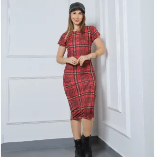 Moda Inverno Xadrez Colorido Vestido Midi Manga Curta - Xadrez Vermelho