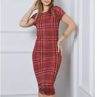 Moda Inverno Xadrez Colorido Vestido Midi Manga Curta - Xadrez Vermelho