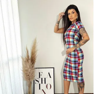 Moda Inverno Xadrez Colorido Vestido Midi Manga Curta - Xadrez Vermelho